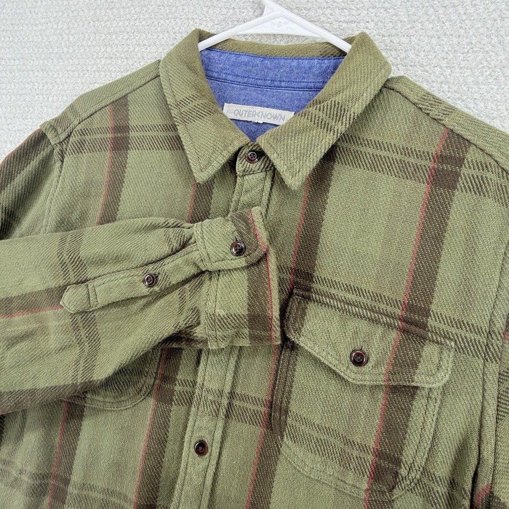 Outerknown Blanket Shirt Mens L Green Plaid Organic Cotton Heavy Twill Flannel